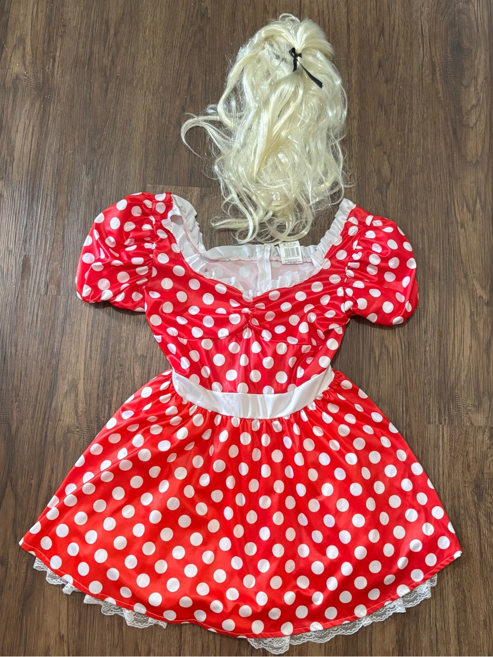 Wonderland Alice Costume Red White Polka Dot Dress + Blonde Wig Size L